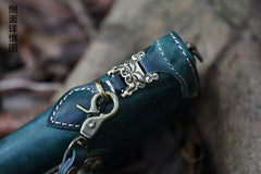 Handmade Green Leather Tibetan Totem Long Wallet Cool Zipper Clutch Wristlet Wallet for Men