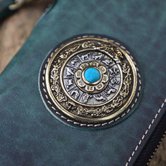 Handmade Green Leather Tibetan Totem Long Wallet Cool Zipper Clutch Wristlet Wallet for Men