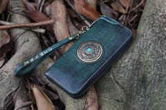 Handmade Leather Tibetan Long Biker Wallet Cool Zipper Clutch Wristlet Wallet for Men