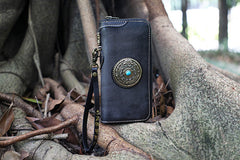 Handmade Green Leather Tibetan Totem Long Wallet Cool Zipper Clutch Wristlet Wallet for Men