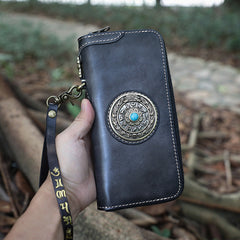 Handmade Green Leather Tibetan Totem Long Wallet Cool Zipper Clutch Wristlet Wallet for Men