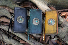 Handmade Green Leather Tibetan Totem Long Wallet Cool Zipper Clutch Wristlet Wallet for Men