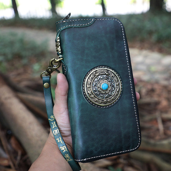 Handmade Green Leather Tibetan Totem Long Wallet - Back View