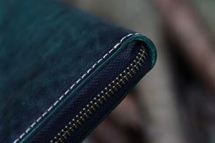 Handmade Green Leather Tibetan Totem Long Wallet Cool Zipper Clutch Wristlet Wallet for Men