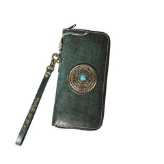 Handmade Green Leather Tibetan Totem Long Wallet Cool Zipper Clutch Wristlet Wallet for Men