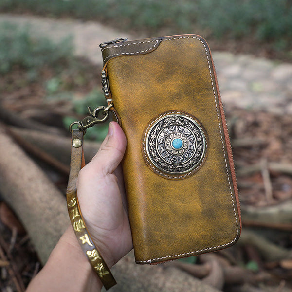 Handmade Tan Leather Tibetan Totem Long Wallet - Back View