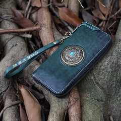 Handmade Leather Tibetan Long Biker Wallet Cool Zipper Clutch Wristlet Wallet for Men