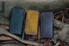 Handmade Tan Leather Tibetan Totem Long Wallet Cool Zipper Clutch Wristlet Wallet for Men