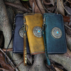 Handmade Leather Tibetan Long Biker Wallet Cool Zipper Clutch Wristlet Wallet for Men