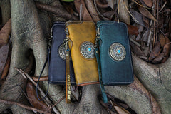 Handmade Green Leather Tibetan Totem Long Wallet Cool Zipper Clutch Wristlet Wallet for Men