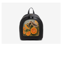Handmade Ladies Black Leather Small Backpack Sunflower Tooled Womens Leather Rucksack