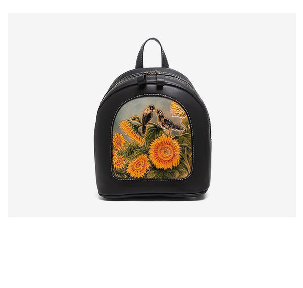 Handmade Ladies Black Leather Small Backpack Fox - Chain Detail