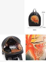 Handmade Ladies Black Leather Small Backpack Pray Girl Tooled Womens Leather Rucksack