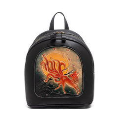 Handmade Ladies Black Leather Small Backpack Fox Tooled Womens Leather Rucksack