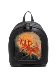 Handmade Ladies Black Leather Small Backpack Fox Tooled Womens Leather Rucksack