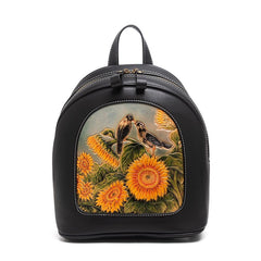 Handmade Ladies Black Leather Small Backpack Sunflower Tooled Womens Leather Rucksack