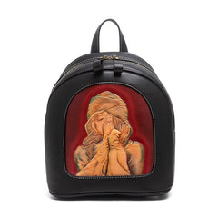 Handmade Ladies Black Leather Small Backpack Pray Girl Tooled Womens Leather Rucksack