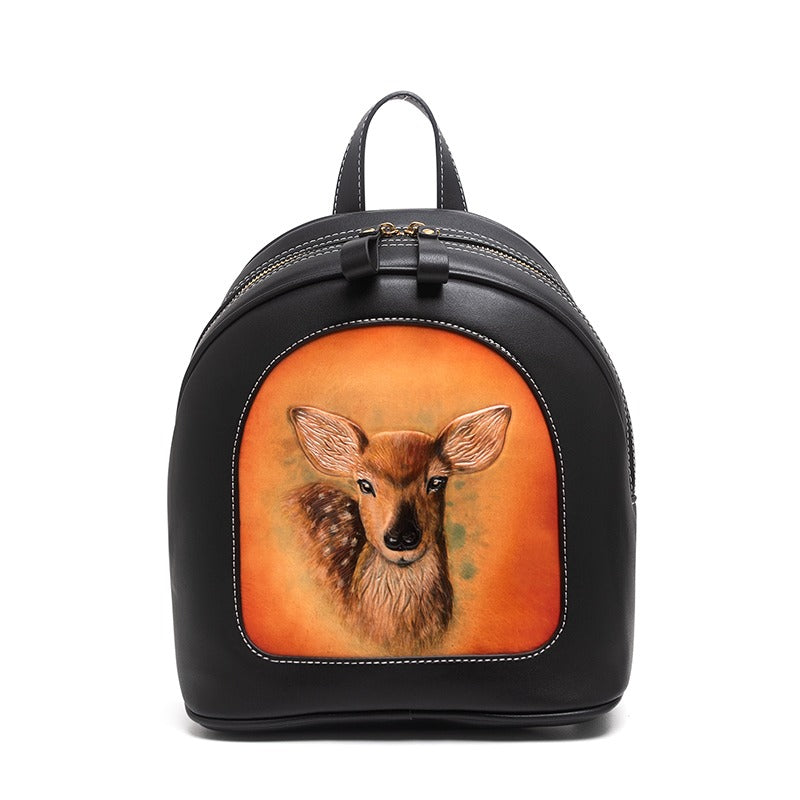 Handmade Ladies Black Leather Small Backpack Fox Tooled Womens Leather Rucksack