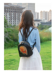 Handmade Ladies Black Leather Small Backpack Pray Girl Tooled Womens Leather Rucksack