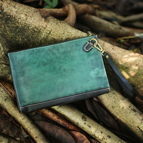 Handmade Green Leather Clutch Wristlet Bag Wallet - Back View