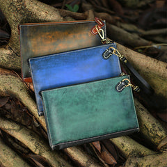 Handmade Green Leather Clutch Wristlet Bag Wallet Zipper Large Clutch Wristlet Wallet for Men