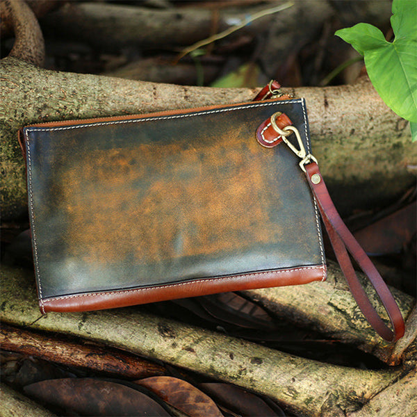 Handmade Tan Leather Clutch Wristlet Bag Wallet - Back View