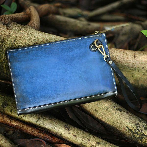 Handmade Blue Leather Clutch Wristlet Bag Wallet - Back View