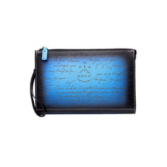 Handmade Blue Leather Clutch Wristlet Bag Wallet Zipper Large Clutch Wristlet Wallet for Men