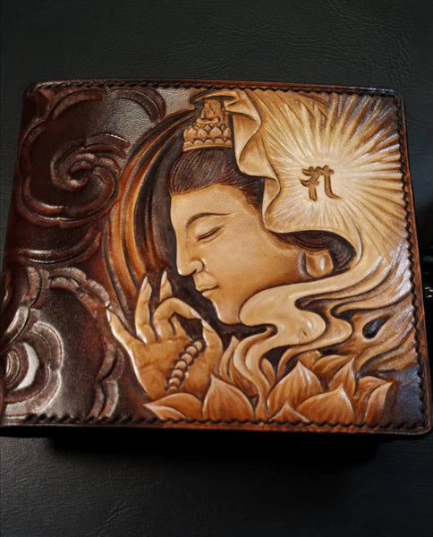 Handmade Leather Avalokitesvara Tooled Mens billfold Wallet Cool Leather Wallet TW06001008