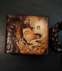 Handmade Leather Avalokitesvara Tooled Mens billfold Wallet Cool Leather Wallet Slim Wallet for Men