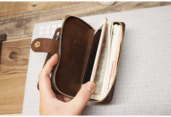 Handmade Leather Mens Bifold Long Wallet Clutch Checkbook Wallet Lots Cards Long Wallet for Men