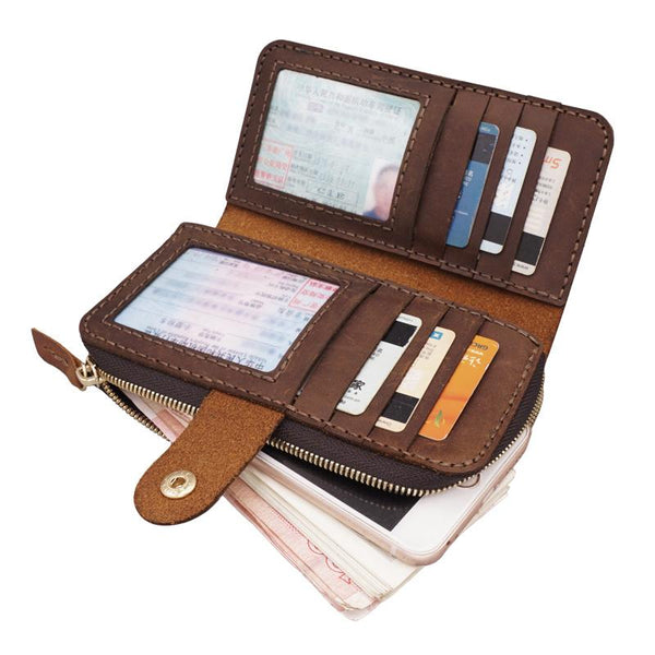 Handmade Leather Mens Bifold Long Wallet Checkbook Clutch Wallet Lots Cards Long Wallet for Men