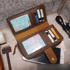 Handmade Leather Mens Bifold Long Wallet Checkbook Clutch Wallet Lots Cards Long Wallet for Men