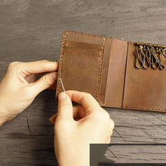 Handmade Leather Mens Trifold Billfold Wallet Key Wallets Brown Slim Key Holder Wallet for Men