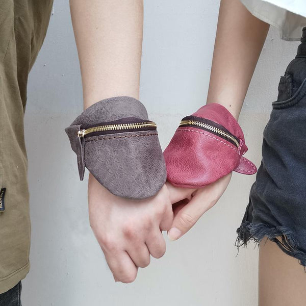 Handmade Leather Mens Wrist Pouch Zipper Womens - Back View