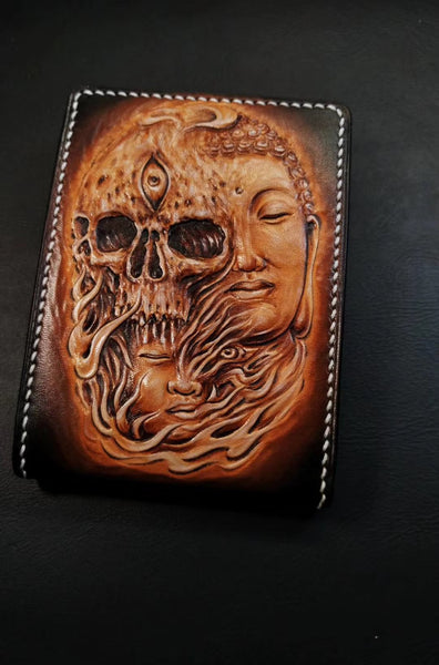 Handmade Leather Skull and Buddha Tooled Mens billfold Wallet Cool Leather Card TW06001007