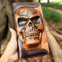 Handmade Black Leather Tooled Relief Skull Long Wallet Cool Skull Zipper Clutch Wristlet Wallet for Men