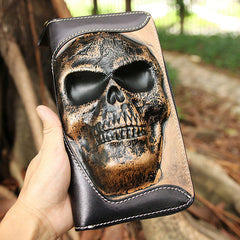 Handmade Black Leather Tooled Relief Skull Long Wallet Cool Skull Zipper Clutch Wristlet Wallet for Men