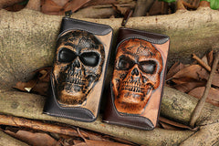 Handmade Coffee Leather Tooled Relief Skull Long Wallet Cool Skull Zipper Clutch Wristlet Wallet for Men