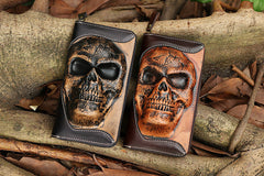 Handmade Black Leather Tooled Relief Skull Long Wallet Cool Skull Zipper Clutch Wristlet Wallet for Men