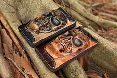 Handmade Coffee Leather Tooled Relief Skull Long Wallet Cool Skull Zipper Clutch Wristlet Wallet for Men