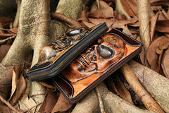 Handmade Coffee Leather Tooled Relief Skull Long Wallet Cool Skull Zipper Clutch Wristlet Wallet for Men