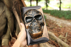 Handmade Black Leather Tooled Relief Skull Long Wallet Cool Skull Zipper Clutch Wristlet Wallet for Men