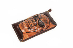 Handmade Coffee Leather Tooled Relief Skull Long Wallet Cool Skull Zipper Clutch Wristlet Wallet for Men