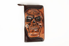 Handmade Coffee Leather Tooled Relief Skull Long Wallet Cool Skull Zipper Clutch Wristlet Wallet for Men