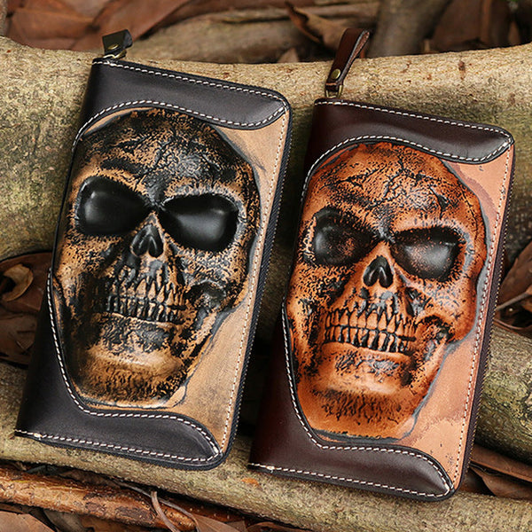 Handmade Leather Tooled Relief Skull Long Wallet - Back View