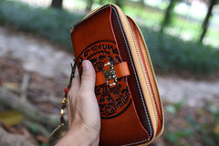 Handmade Leather Tooled Tibetan Totem Long Biker Wallet Cool Zipper Clutch Wristlet Wallet for Men