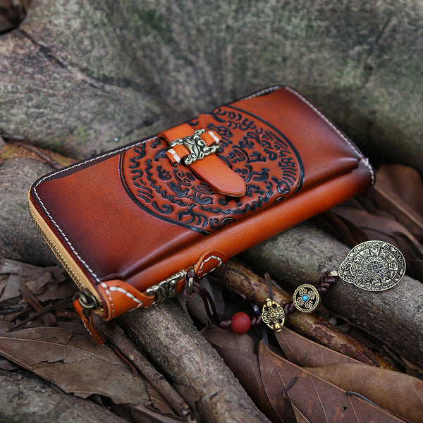 Handmade Leather Tooled Tibetan Totem Long Biker - Back View
