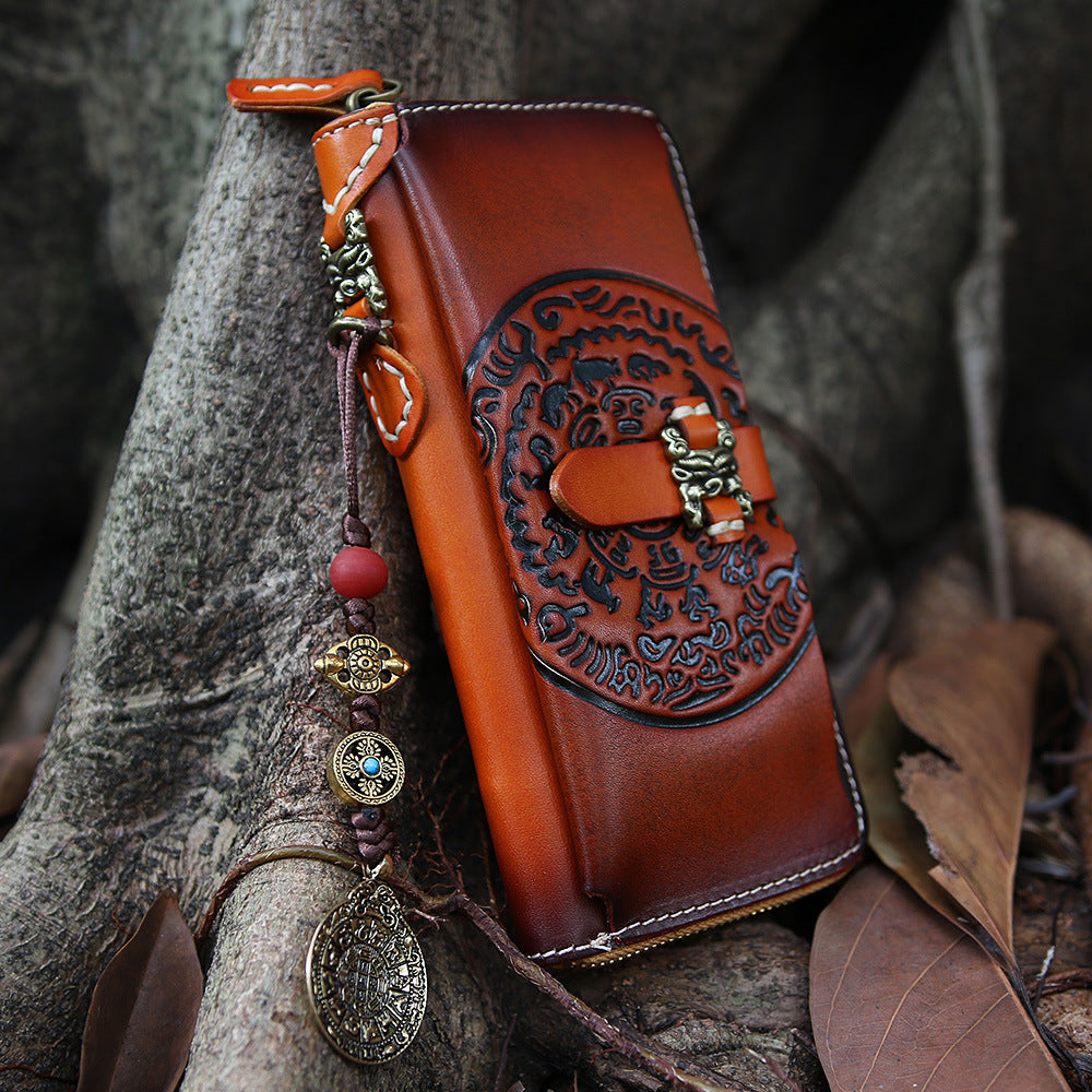 Handmade Leather Tooled Tibetan Totem Long Biker Wallet Cool Zipper Clutch Wristlet Wallet for Men