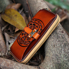 Handmade Leather Tooled Tibetan Totem Long Biker Wallet Cool Zipper Clutch Wristlet Wallet for Men